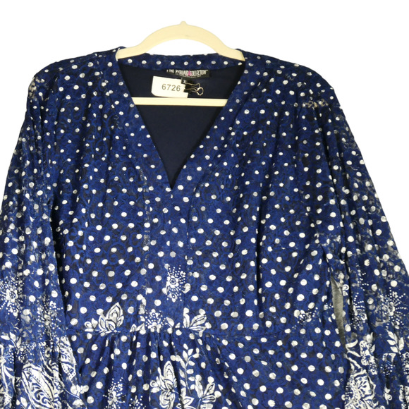 The Pyramid Collection Dress Women Size XL Blue Polka Dot Floral Lace Lined Boho - Picture 2 of 12